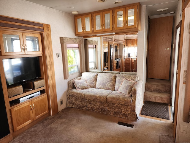 living area with visible vents and dark carpet