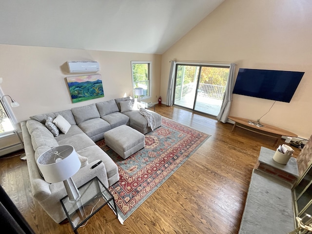 205 Arch Bridge Rd, Bethlehem, CT 06751 - living room with a wall mounted air conditioner, wood finished floors, and high vaulted ceiling