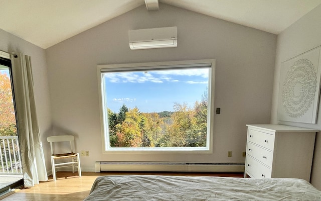 205 Arch Bridge Rd, Bethlehem, CT 06751 - bedroom with an AC wall unit, baseboard heating, light wood-type flooring, lofted ceiling, and access to exterior