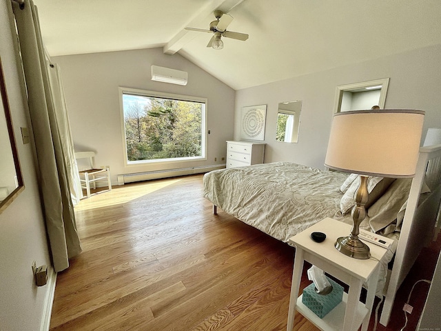205 Arch Bridge Rd, Bethlehem, CT 06751 - bedroom with an AC wall unit, a baseboard heating unit, wood finished floors, and ceiling fan