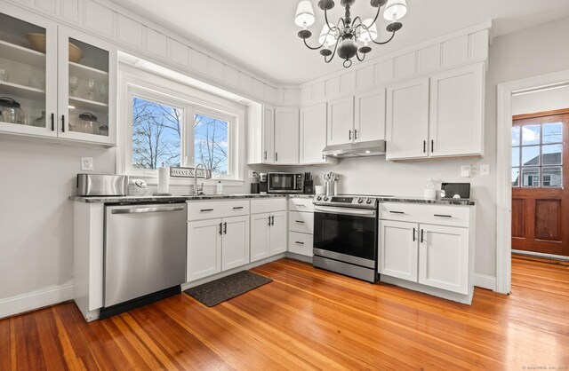 16 Academy St, Manchester, CT 06040 - kitchen featuring white cabinets, a wealth of natural light, under cabinet range hood, and stainless steel appliances