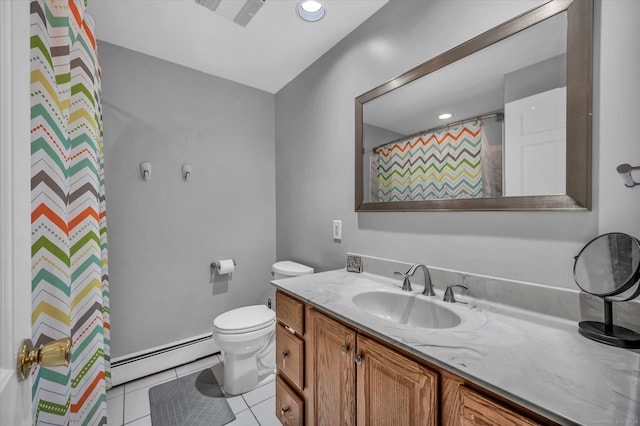 394 Woodhaven Rd, Glastonbury, CT 06033 - bathroom featuring a shower with curtain, toilet, tile patterned flooring, vanity, and a baseboard radiator