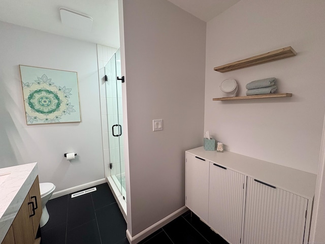 64 Sherwood Ln, Norwich, CT 06360 - full bathroom featuring toilet, vanity, a stall shower, tile patterned flooring, and baseboards