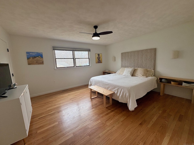 64 Sherwood Ln, Norwich, CT 06360 - bedroom with a textured ceiling, light wood-style flooring, baseboards, and ceiling fan