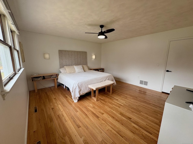 64 Sherwood Ln, Norwich, CT 06360 - bedroom featuring light wood finished floors, visible vents, baseboards, and ceiling fan