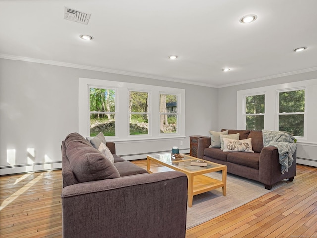 44 Buckingham Ridge Rd, Wilton, CT 06897 - living room with baseboard heating, crown molding, light wood-type flooring, and recessed lighting