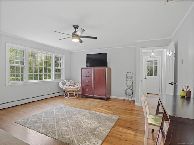44 Buckingham Ridge Rd, Wilton, CT 06897 - sitting room featuring ornamental molding, a baseboard radiator, light wood-style floors, ceiling fan, and baseboards