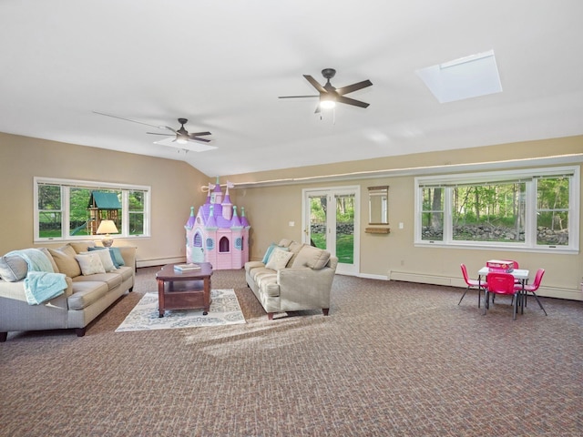 44 Buckingham Ridge Rd, Wilton, CT 06897 - living area featuring baseboard heating, ceiling fan, plenty of natural light, and carpet