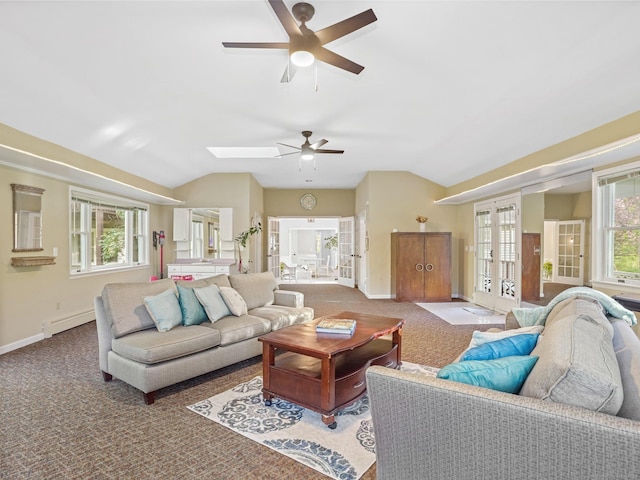 44 Buckingham Ridge Rd, Wilton, CT 06897 - living area featuring french doors, ceiling fan, baseboards, vaulted ceiling, and carpet floors