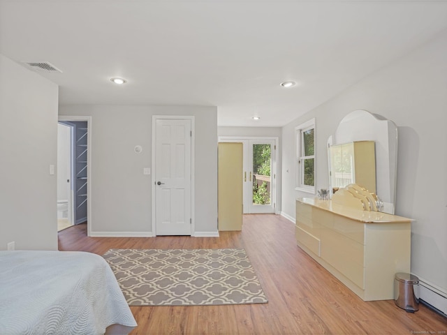 44 Buckingham Ridge Rd, Wilton, CT 06897 - bedroom featuring light wood finished floors, baseboards, access to exterior, a baseboard radiator, and recessed lighting