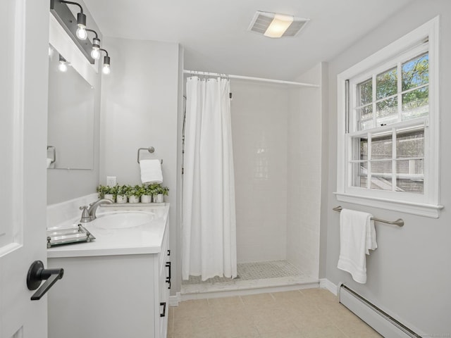 44 Buckingham Ridge Rd, Wilton, CT 06897 - full bathroom featuring a baseboard heating unit, a stall shower, vanity, tile patterned floors, and baseboards