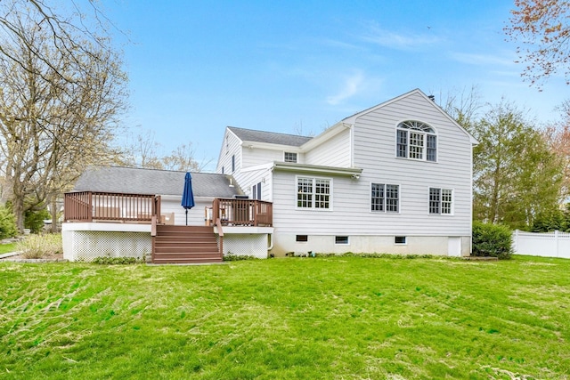 back of property featuring a yard, fence, and a deck