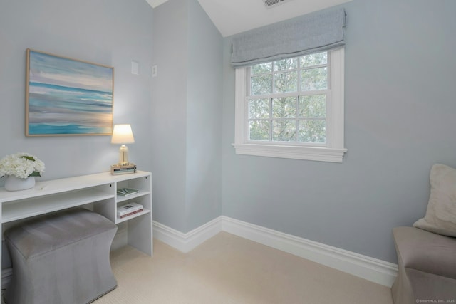office area featuring light carpet, baseboards, and visible vents