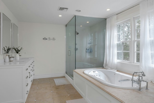 bathroom featuring visible vents, recessed lighting, a stall shower, tile patterned floors, and a jetted tub