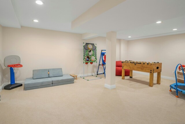 rec room featuring baseboards, recessed lighting, and carpet