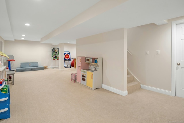 rec room featuring carpet flooring, baseboards, and recessed lighting
