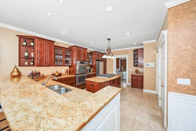kitchen with stainless steel appliances, a peninsula, a sink, recessed lighting, and pendant lighting