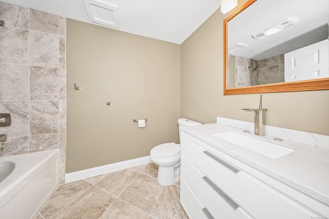 full bathroom featuring baseboards, toilet, vanity, tile patterned flooring, and bathtub / shower combination