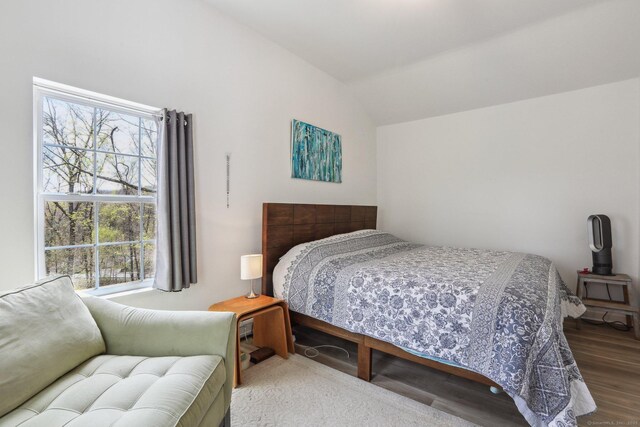 bedroom with vaulted ceiling, wood finished floors, and multiple windows