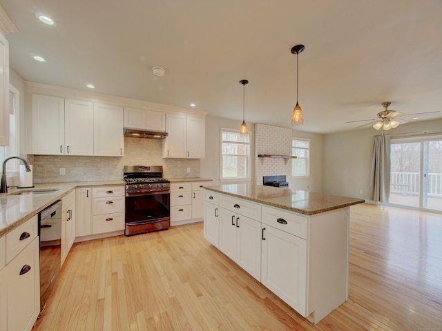10 Versailles Rd, Lisbon, CT 06351 - kitchen featuring a sink, stainless steel gas range, dishwasher, light wood-style flooring, and under cabinet range hood