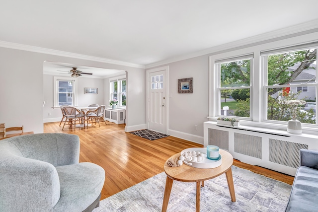 435 Lenox Rd, Fairfield, CT 06825 - living room with radiator, ornamental molding, light wood finished floors, baseboards, and a ceiling fan