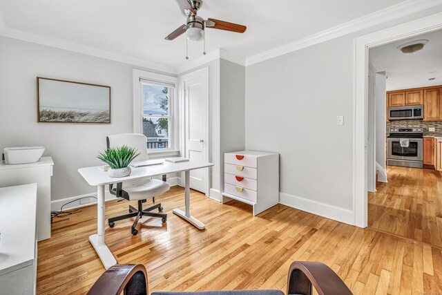 435 Lenox Rd, Fairfield, CT 06825 - office area with light wood-type flooring, baseboards, crown molding, and ceiling fan