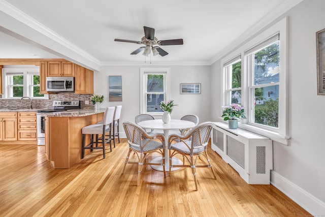 435 Lenox Rd, Fairfield, CT 06825 - dining space featuring light wood-style flooring, plenty of natural light, radiator heating unit, and crown molding
