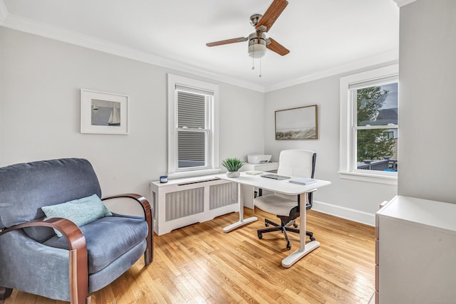 435 Lenox Rd, Fairfield, CT 06825 - office space with radiator, crown molding, light wood-style floors, a ceiling fan, and baseboards