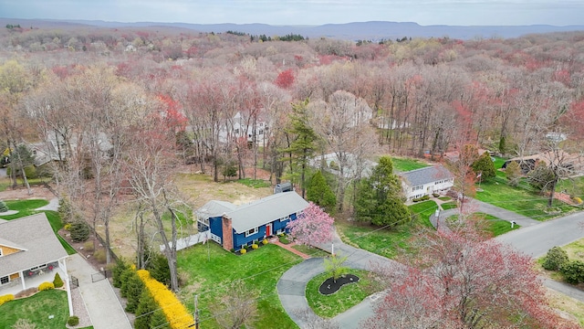 drone / aerial view with a wooded view