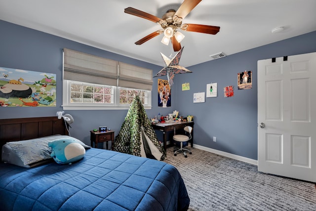 bedroom featuring baseboards, a ceiling fan, carpet flooring, and visible vents