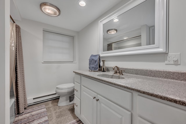 bathroom with toilet, a baseboard heating unit, recessed lighting, and vanity