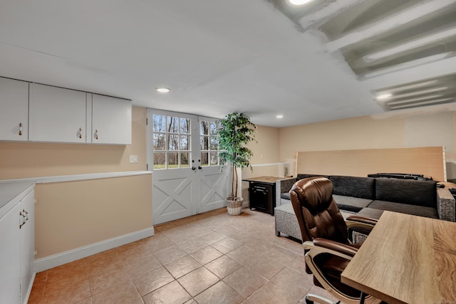 office area featuring light tile patterned floors, baseboards, and recessed lighting