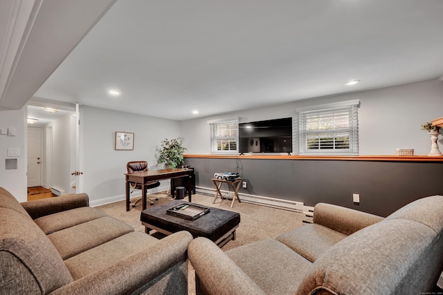 living room featuring carpet floors, baseboards, recessed lighting, a baseboard heating unit, and a baseboard radiator