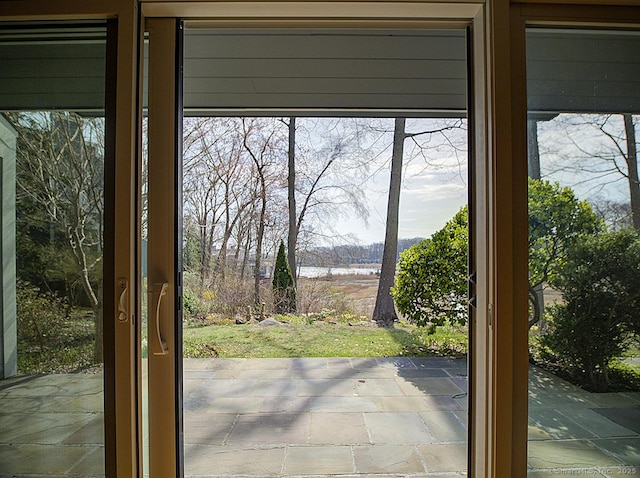 doorway to outside featuring stone tile floors