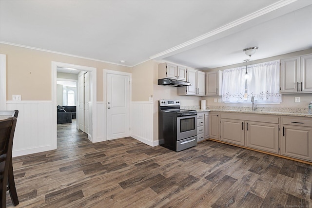kitchen featuring wainscoting, under cabinet range hood, dark wood-style floors, and stainless steel electric range oven