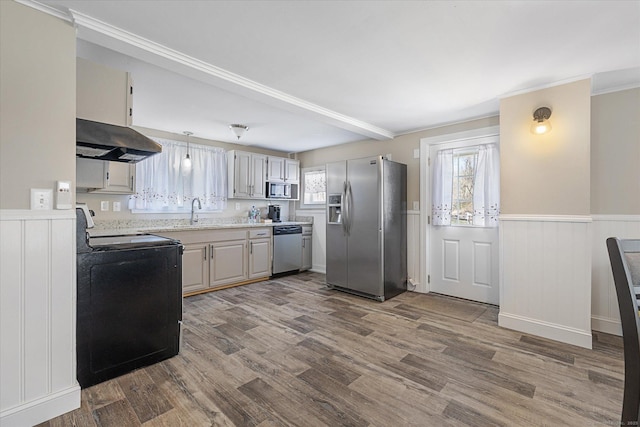 kitchen with wainscoting, a sink, stainless steel appliances, wood finished floors, and under cabinet range hood