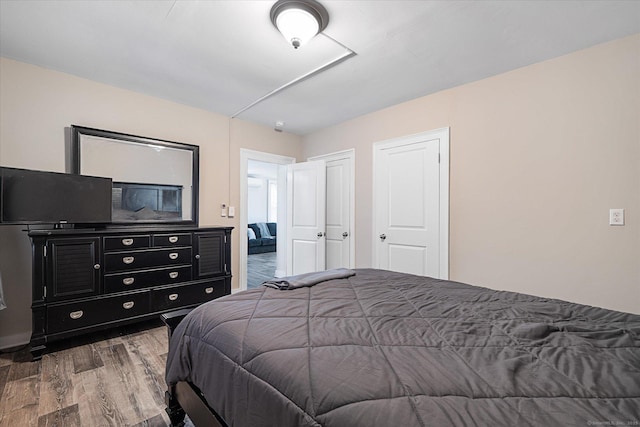 bedroom featuring two closets and wood finished floors