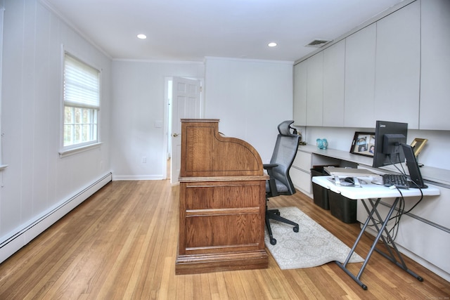 33 Pequot Trl, Westport, CT 06880 - office featuring a baseboard heating unit, light wood-style floors, crown molding, baseboards, and recessed lighting