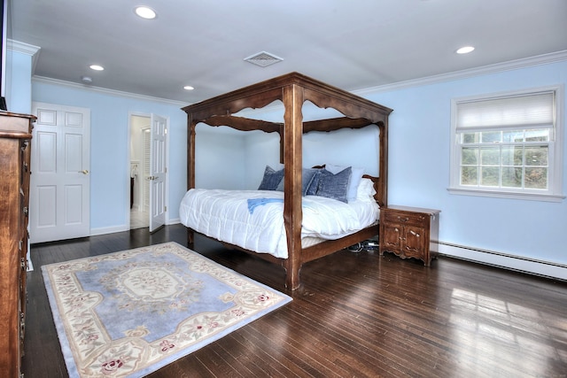 33 Pequot Trl, Westport, CT 06880 - bedroom featuring a baseboard heating unit, crown molding, wood-type flooring, and recessed lighting