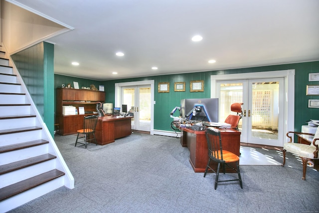 33 Pequot Trl, Westport, CT 06880 - home office with french doors, a baseboard radiator, dark carpet, and recessed lighting