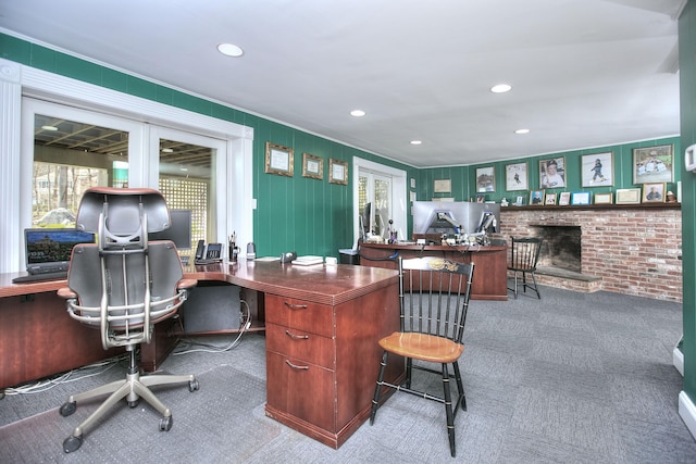 33 Pequot Trl, Westport, CT 06880 - carpeted office space with a brick fireplace and recessed lighting