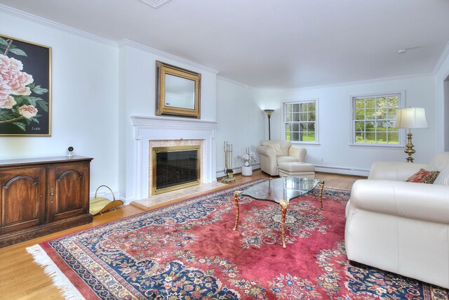 33 Pequot Trl, Westport, CT 06880 - living area featuring baseboard heating, ornamental molding, wood finished floors, and a premium fireplace