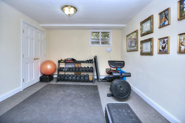 33 Pequot Trl, Westport, CT 06880 - exercise room featuring carpet flooring, baseboards, and baseboard heating