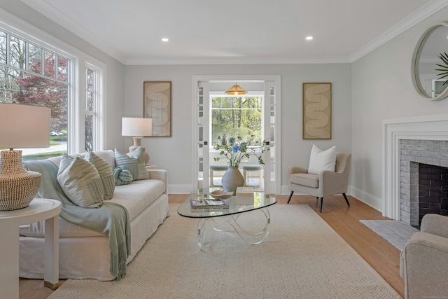 4 Rabbit Ln, Darien, CT 06820 - living area featuring baseboards, ornamental molding, wood finished floors, and a fireplace
