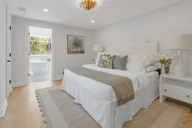 4 Rabbit Ln, Darien, CT 06820 - bedroom with light wood finished floors, baseboards, visible vents, recessed lighting, and connected bathroom