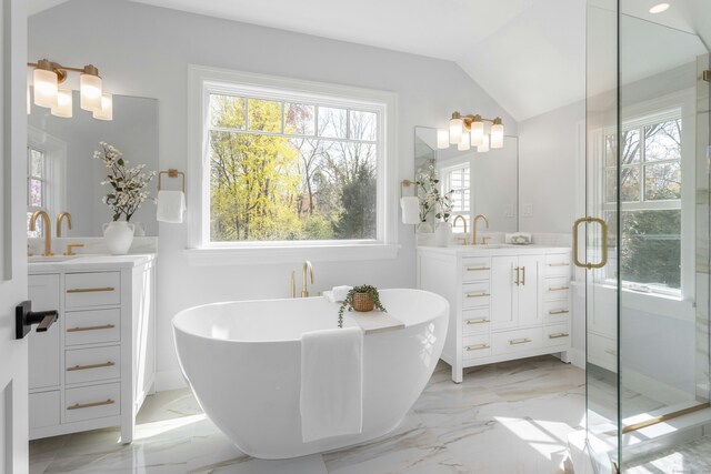 4 Rabbit Ln, Darien, CT 06820 - bathroom with marble finish floor, a freestanding bath, vaulted ceiling, vanity, and a stall shower