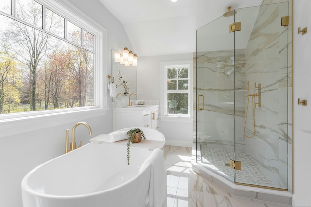 4 Rabbit Ln, Darien, CT 06820 - full bath with a marble finish shower, lofted ceiling, a freestanding tub, marble finish floor, and vanity