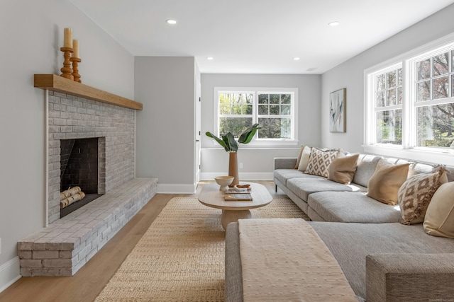 4 Rabbit Ln, Darien, CT 06820 - living room featuring baseboards, recessed lighting, light wood finished floors, and a fireplace