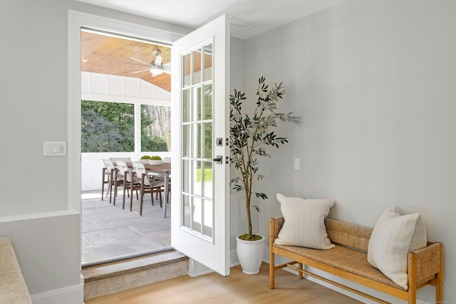 4 Rabbit Ln, Darien, CT 06820 - doorway featuring vaulted ceiling, wood finished floors, and a ceiling fan
