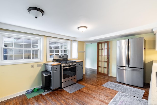 kitchen with gray cabinets, butcher block counters, dark wood finished floors, and stainless steel appliances